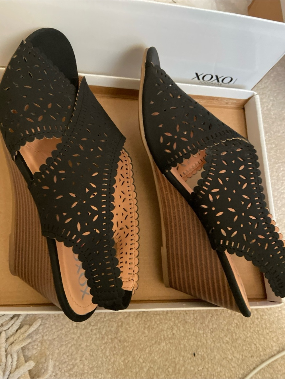 XOXO Black Laser-Cut Slingback Wedge Sandals